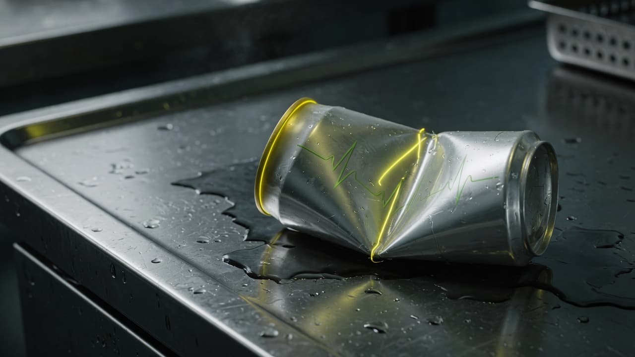Zerdrückte Energy-Dose auf einer klinischen Metallfläche